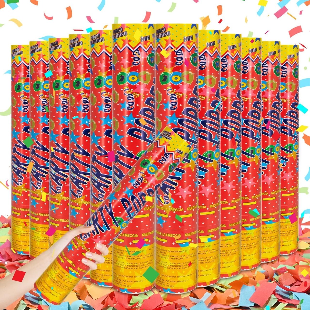 12 pack multicolor confetti cannons, biodegradable confetti party poppers, 12 inch shooters that launch confetti 15 to 20 feet, perfect for graduation, birthday, wedding, and new years celebration decorations.